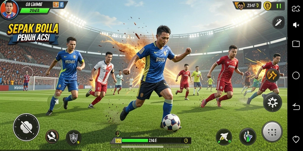 Screenshot utama <strong>234E</strong> menampilkan aksi seru di lapangan sepak bola.