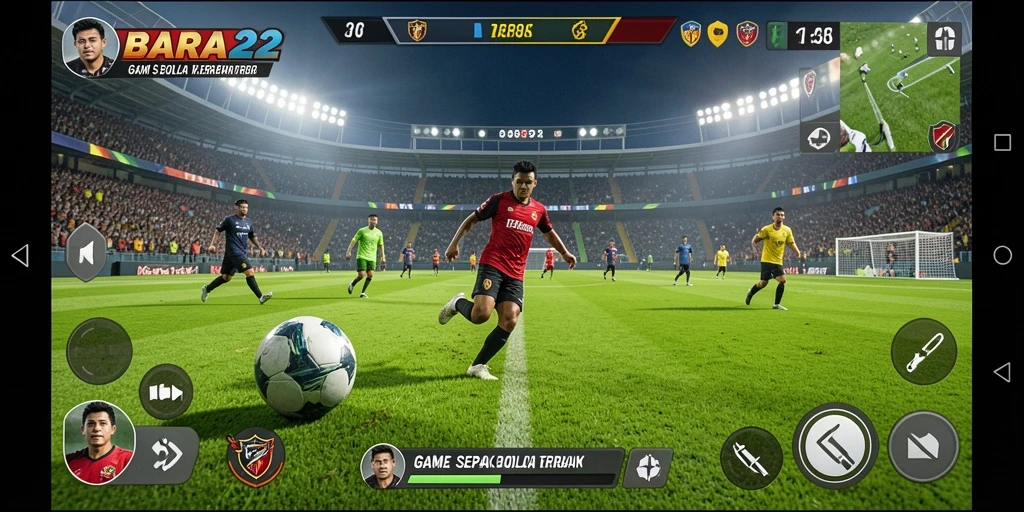 Tangkapan layar menunjukkan aksi seru dalam game sepak bola BARA22.