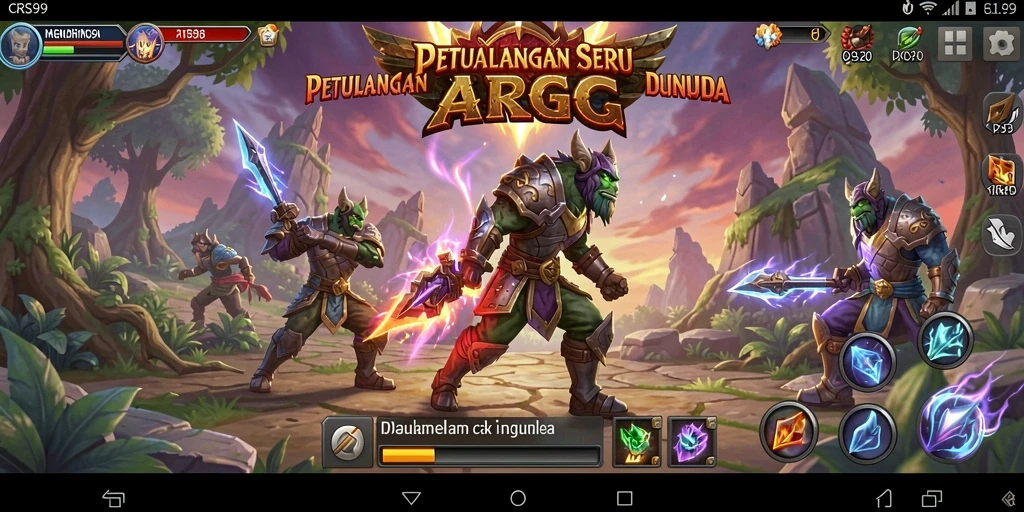Screenshot CRS99 menampilkan pertempuran seru dengan karakter dan monster di dunia fantasi.