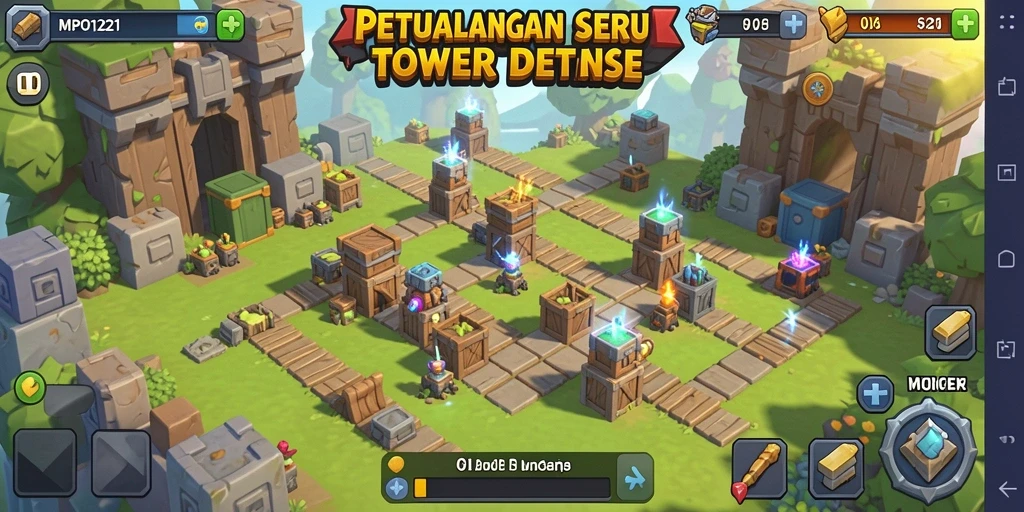 Screenshot MPO1221 menampilkan menara yang berfungsi dalam menghadapi musuh.